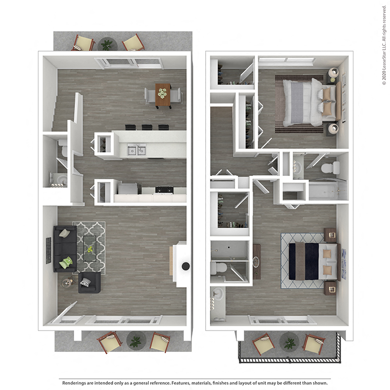 Floor plan for 2 beds, 2.5 baths, 1250 sqft